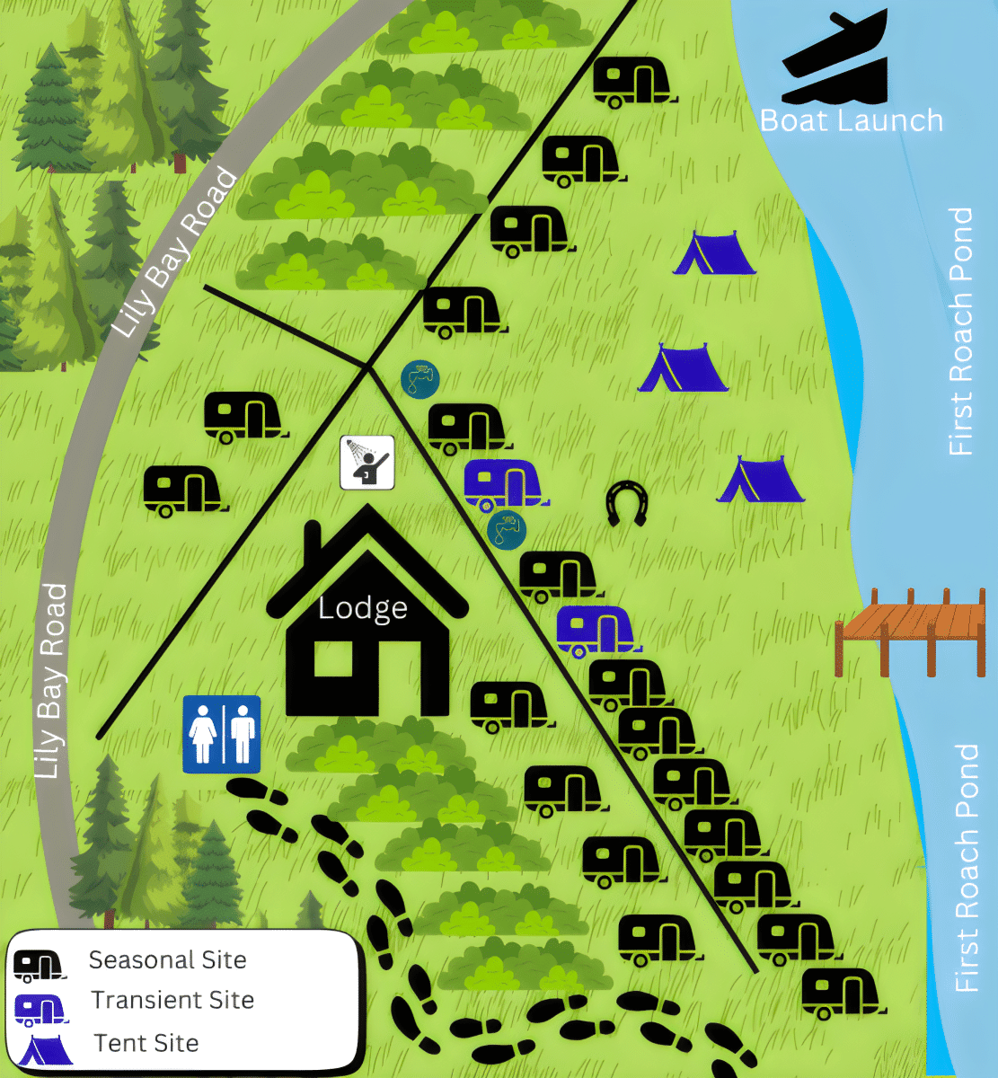 camp and tent map locations for Northern Pride Lodge Campground Moosehead Lake region Maine 04441